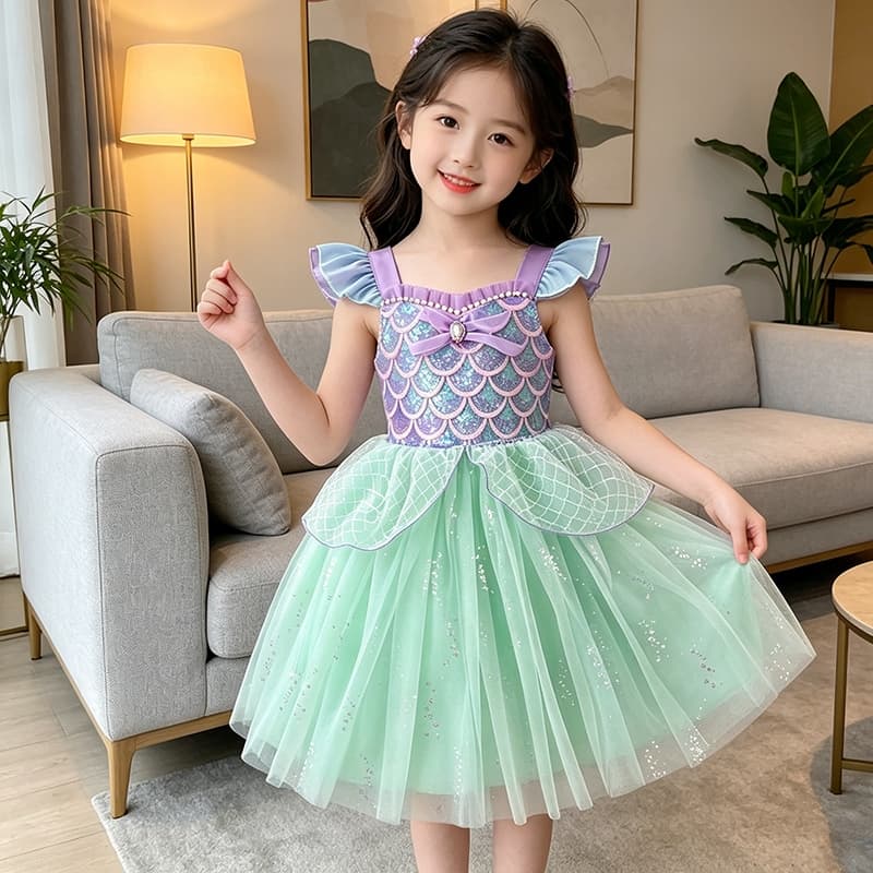 Crianças Meninas Sereia Vestido De Princesa Mangas Voadoras Tule Tutu Para Festa De Aniversário Cosplay Traje