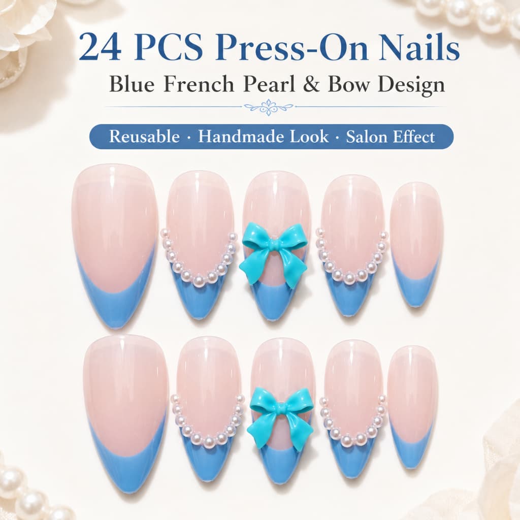 24 Peças Prensa De Ponta Francesa Azul Em Unhas Amêndoa Falsas Nude Rosa Arco Pérola Conjunto De Reutilizáveis Para Mulh