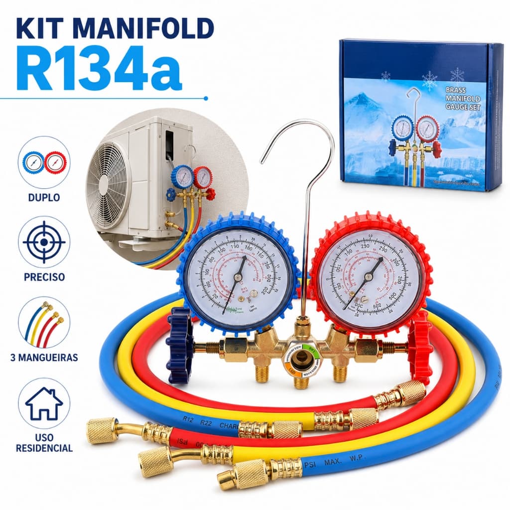 Manifold Manômetro 134a R22 R12 R502 + mangueiras 90cm ar condicionado refrigeração