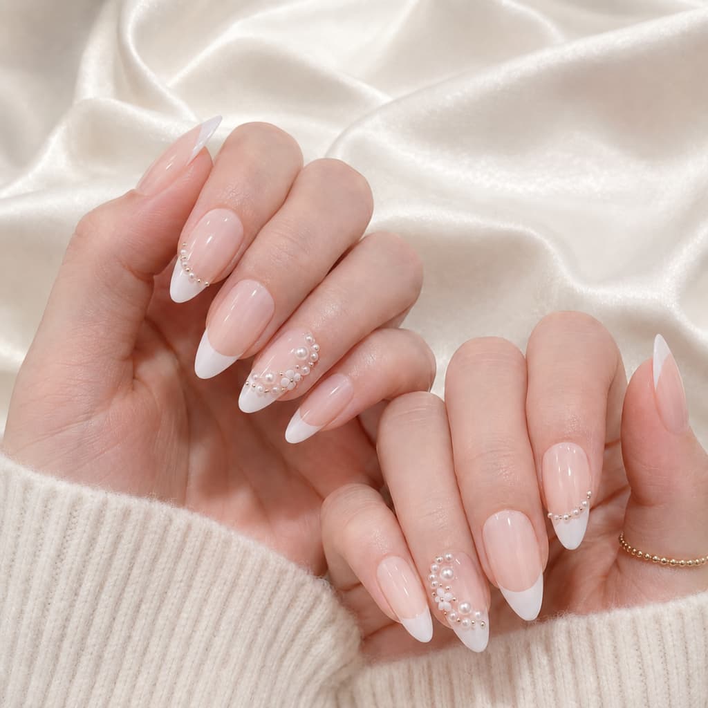 24 Pcs Nude Rosa Branco Prensa Francesa Em Unhas Postiças De Casamento Arco De Pérola Conjunto De Reutilizáveis De Noiva