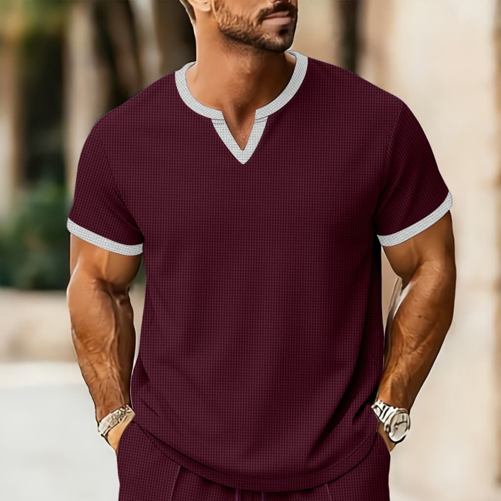 Masculino Waffle textura solta com decote em V manga curta topo contraste cor bainha caído ombro simples de uma peça Cas