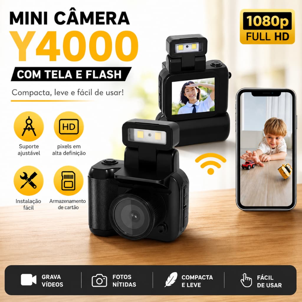Mini Câmera Digital Y4000 1080P Com Tela LCD e Flash, Câmera Portátil para Fotos e Gravação de Vídeos
