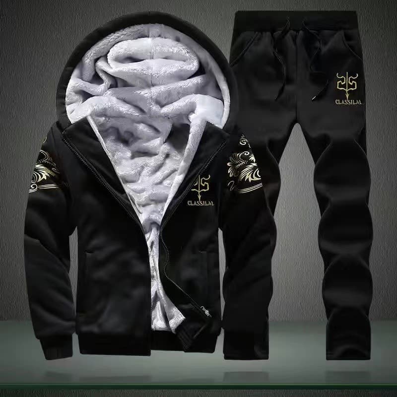 Masculino inverno forro de lã terno de duas peças engrossado com capuz terno masculino elegante bonito Casual terno espo