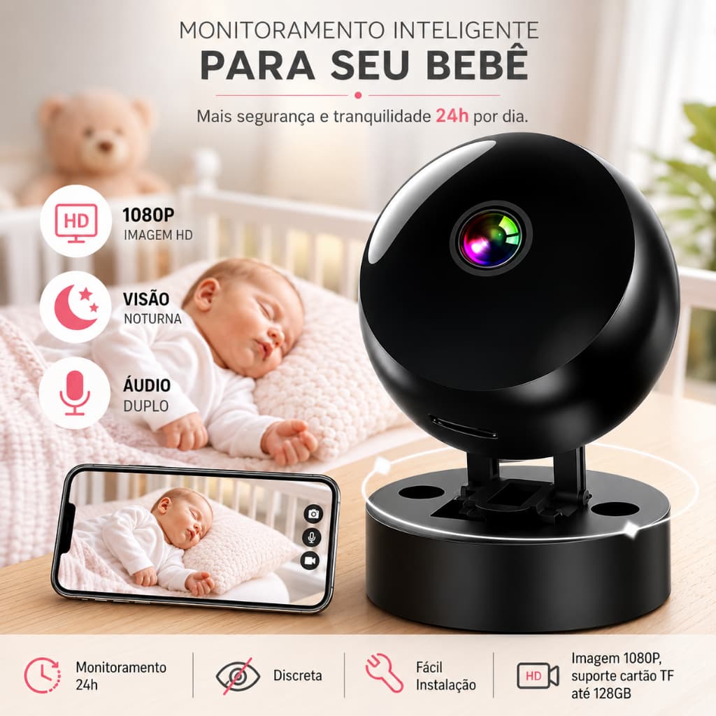 Mini Câmera WiFi HD 1080p com Bateria, Visão Noturna e Detecção de Movimento Babá Eletrônica Portátil