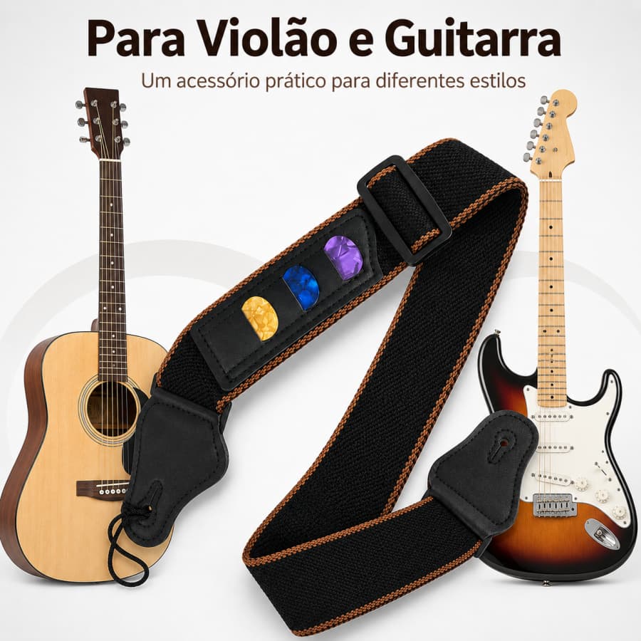 Correia para Violão e Guitarra com Porta Palhetas – Conforto e Praticidade no Palco
