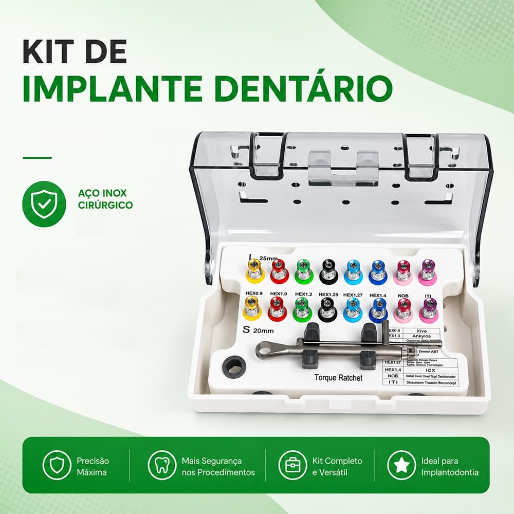 1 Conjunto Kit De Chave De Torque De Implante 10-70NCM-16 Peças Fenda De Catraca Universal