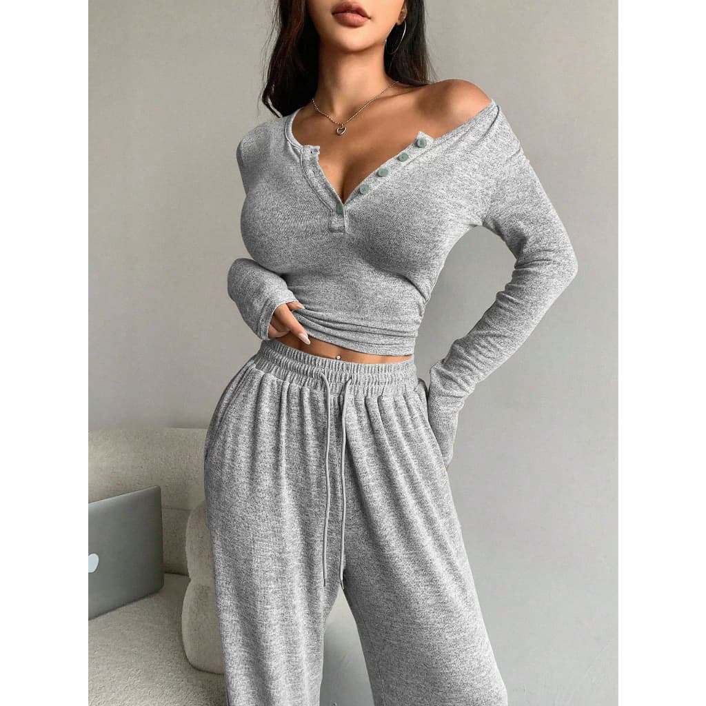 Conjunto De loungewear Com Decote Em V Multidirecional , Malha Elástica Macia Para Aparência Aconchegante O Dia Todo top