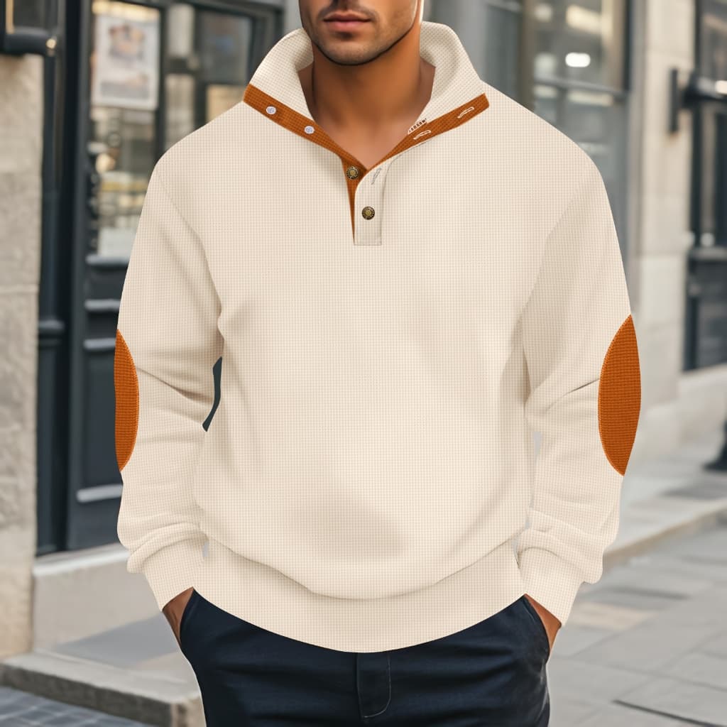 Masculino Waffle malha gola Henry manga comprida Top marrom contraste cor cotovelo remendo cor sólida botão carcela não