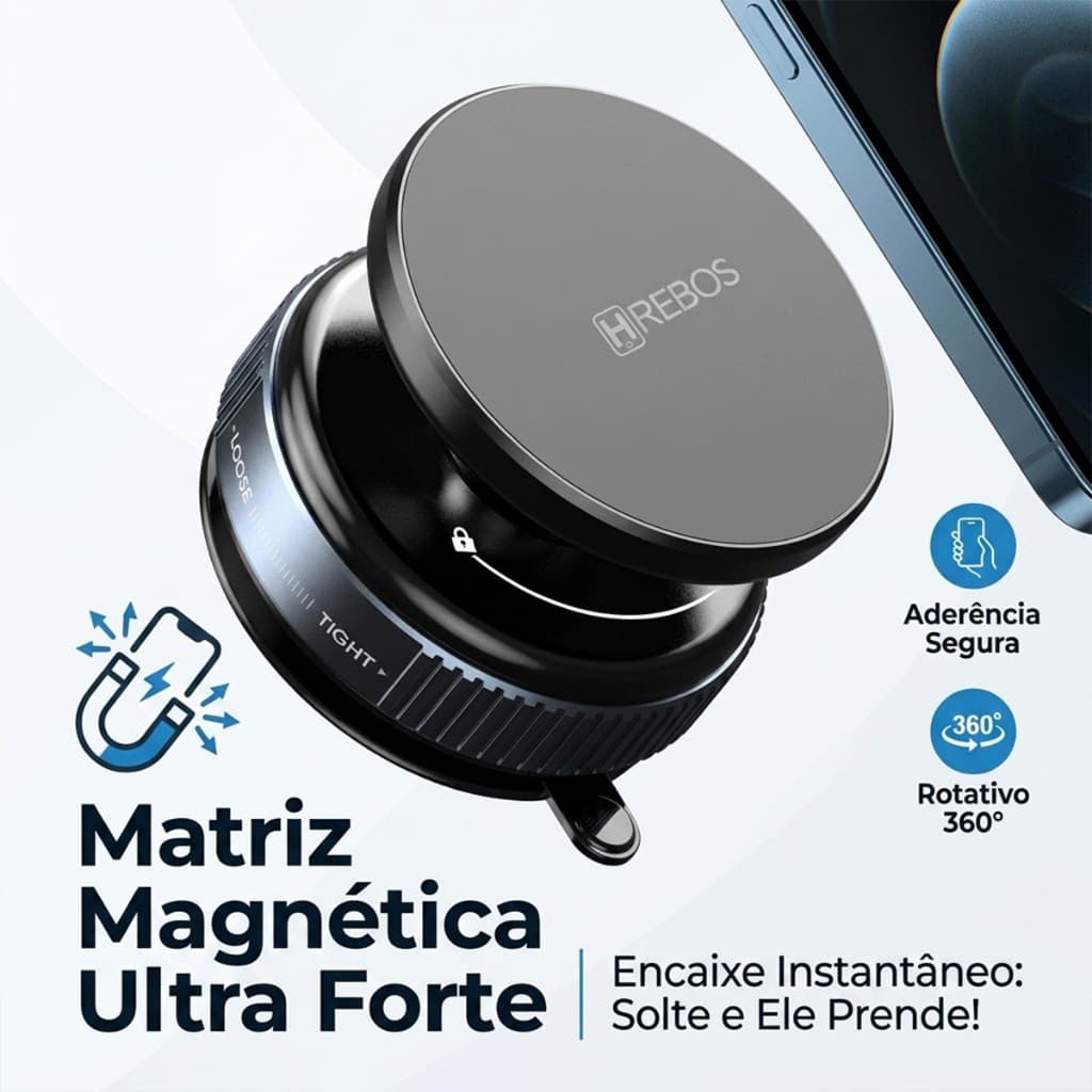 HREBOS x HEYOO Suporte Magnético para Celular Veicular, Rotação 360°, Fixação Forte e Anti-Vibração