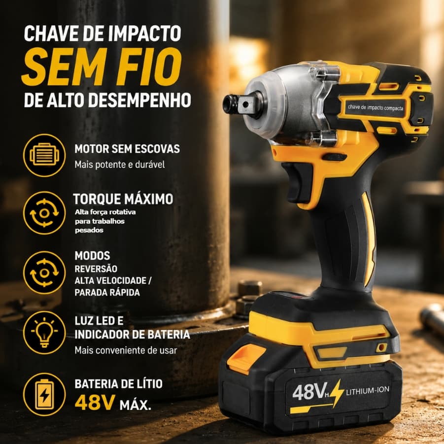 Chave de Impacto Profissional 48V | Alto Torque e Bateria de Longa Duração | Modelo Básico