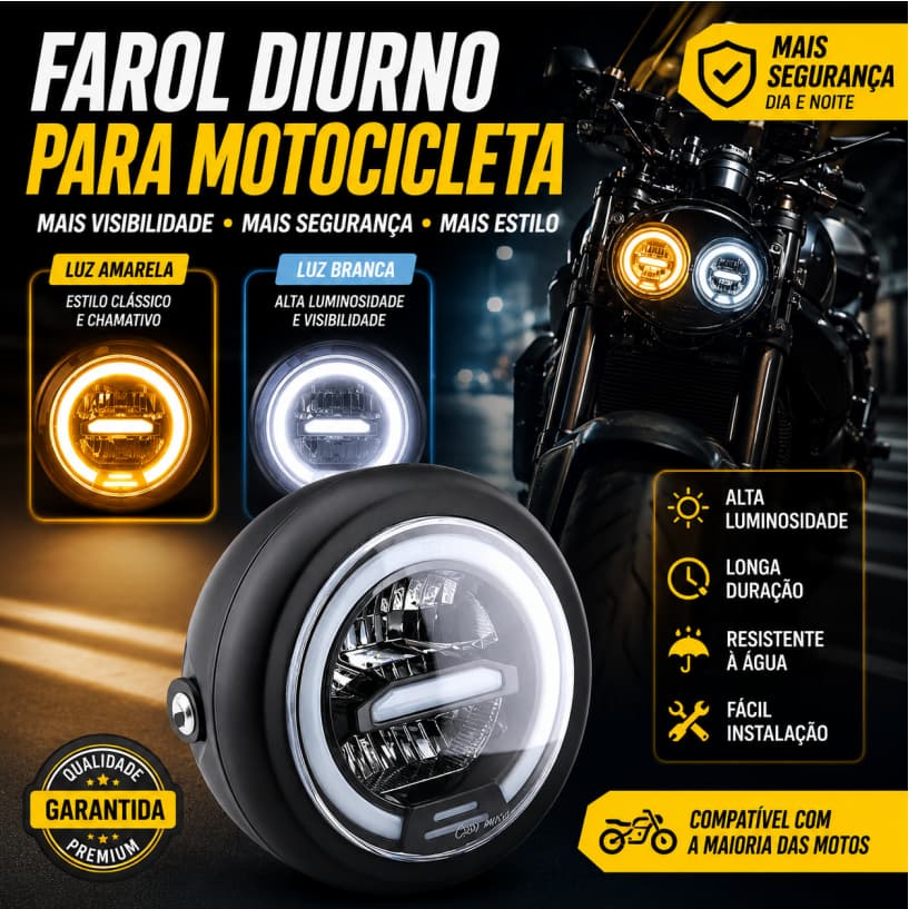 Farol de Moto LED Angel Eyes Redondo Retro Luz Alta e Baixa Luz Diurna Universal CG125 Harley Modificado