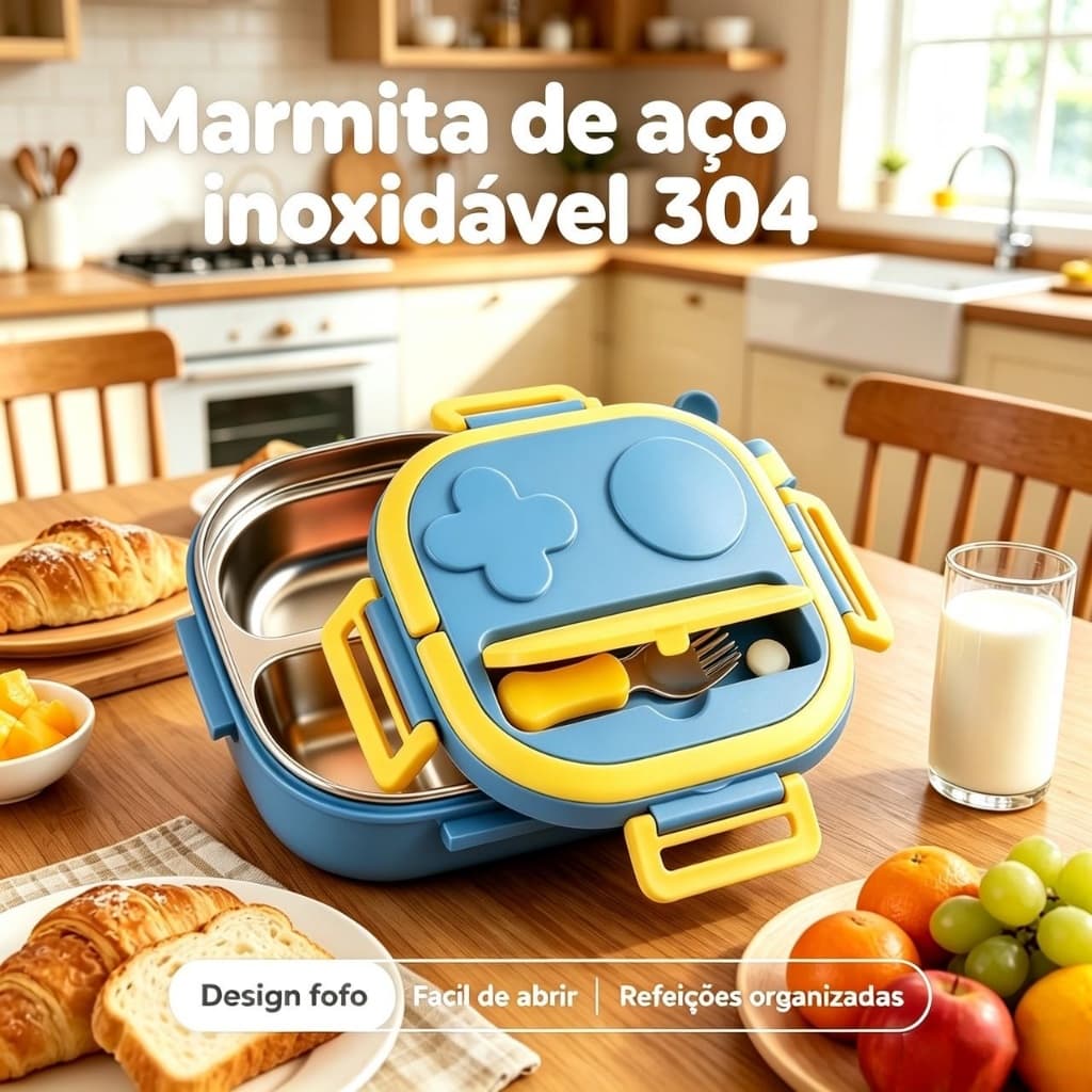 Lancheira Inox Livre de BPA Compartimentos Alça Portátil Refeição Infantil Escola