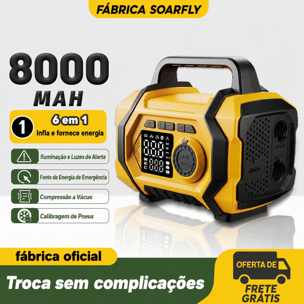 SOARFLY 6 Em 1 Jumper De Carro Power Bank Portátil Inflador De Pneus Bomba De Ar Tayar Kereta Keret