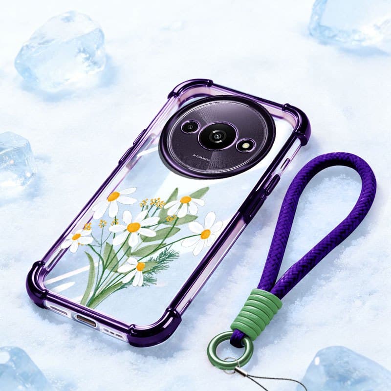 YBD Capa Transparente Para Redmi A3 A3X 4G Xiaomi POCO C61 Flor De Margarida Branca Fresca Galvanizada À Prova De Choque