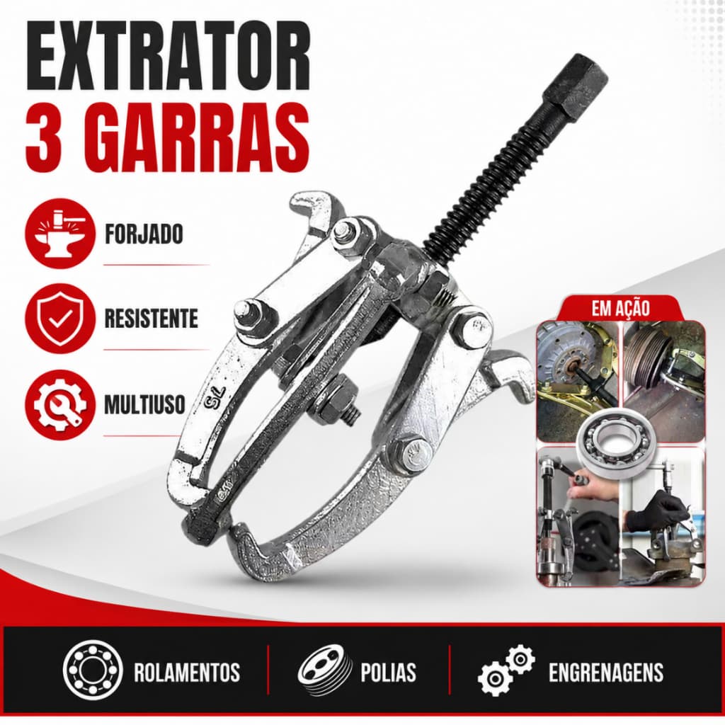 Saca Rolamento e Polia 3 Garras 75mm Aço Profissional Saca Polia Manual 3 Pol Metal Extrator