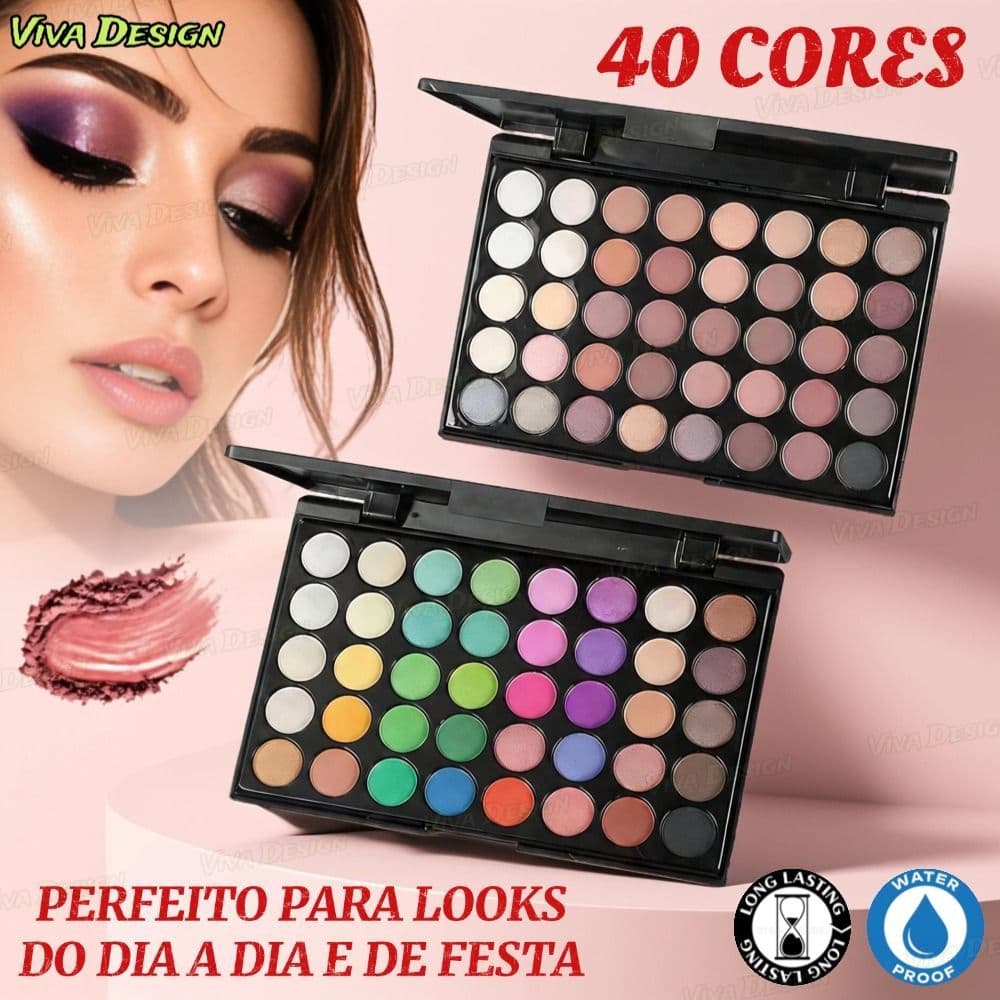 Paleta de Sombras com 40 Cores - Acabamento Matte e Shimmer, Alta Pigmentação, Efeito Esfumado e Longa Duração.