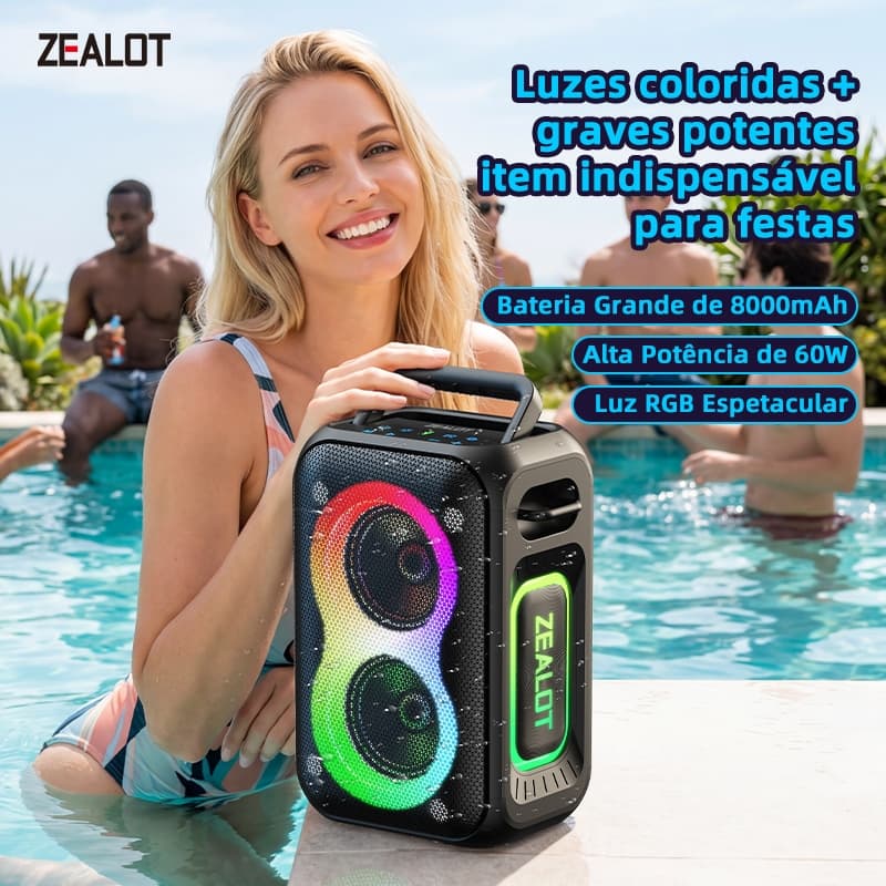 ZEALOT PT02 Alto-Falante Portátil De Karaokê Driver Duplo Estéreo IPX4 Resistente À Água Bluetooth 5.4 Conexão De Corren