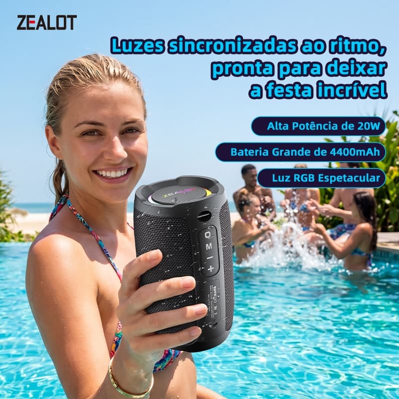 Alto-Falante Bluetooth Portátil ZEALOT S49 | IP6 À Prova D'água Bateria 3600mAh Som De 10 W 5.2 Tipo-C Leitor De Cartão
