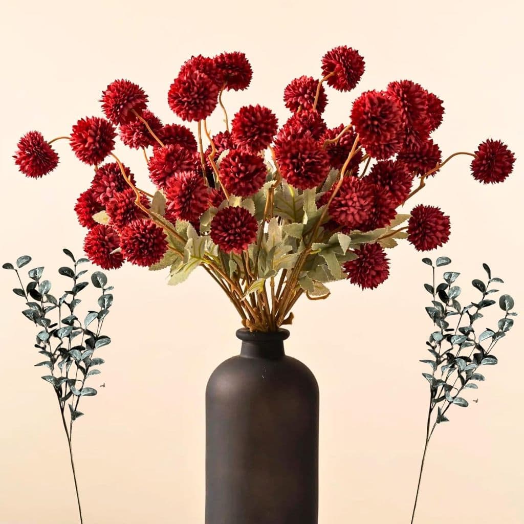 50 Bolas De Flores ! 10 Hastes Artificiais Borgonha + 2 Eucalipto | Mães De Seda Para Peças Centrais De Mesa E Decoração
