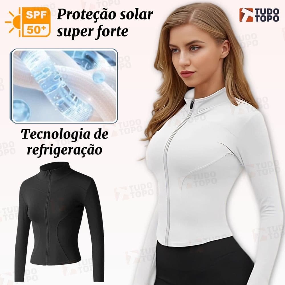 Blusa Fitness Feminina Manga Longa com Zíper Slim Fit Secagem Rápida para Academia Yoga Corrida