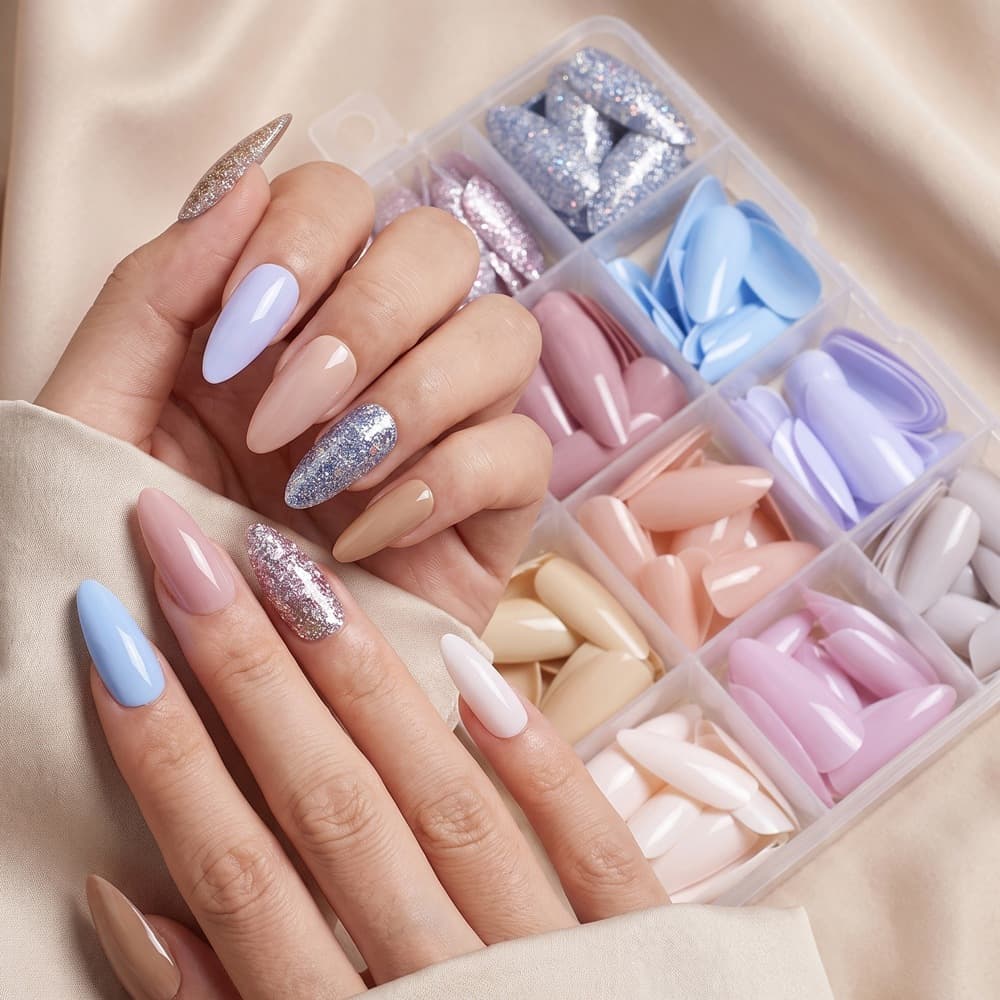 288 Peças De Unhas De Amêndoa macaron Cor Sólida Rosa Brilhante Falsas De Ponta Longa Armadura Vestível
