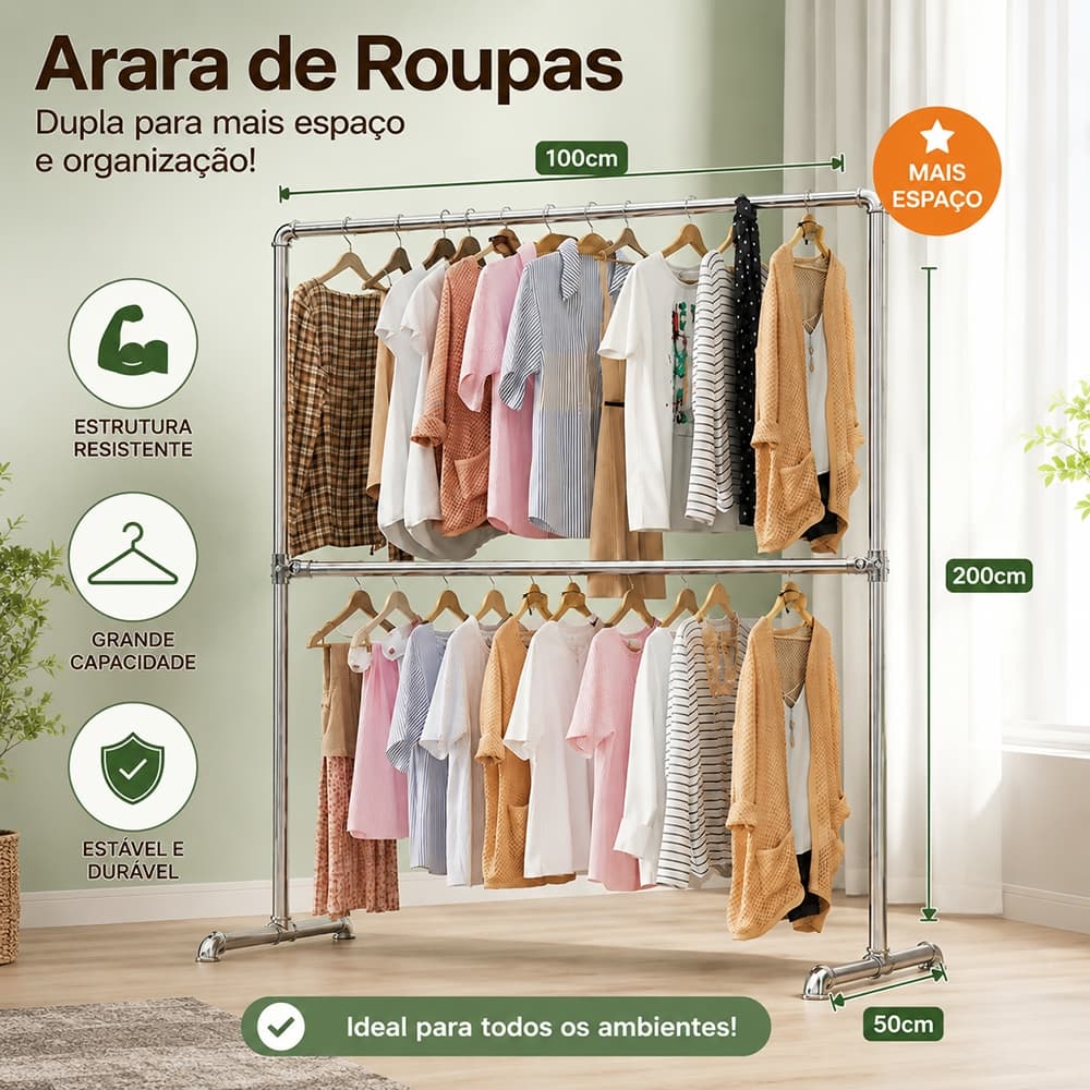 Arara Cabideiro De Roupas Para Loja E Quarto Aço Galvanizado Grosso Resistente 100kg Varal De Chão Organizador