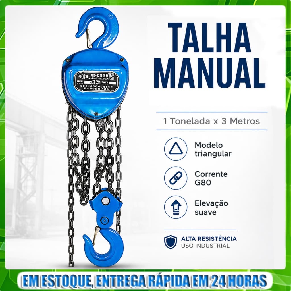 Talha Manual guincho com freio duplo 1 Tonelada 1000kg Com Corrente 3 Metros