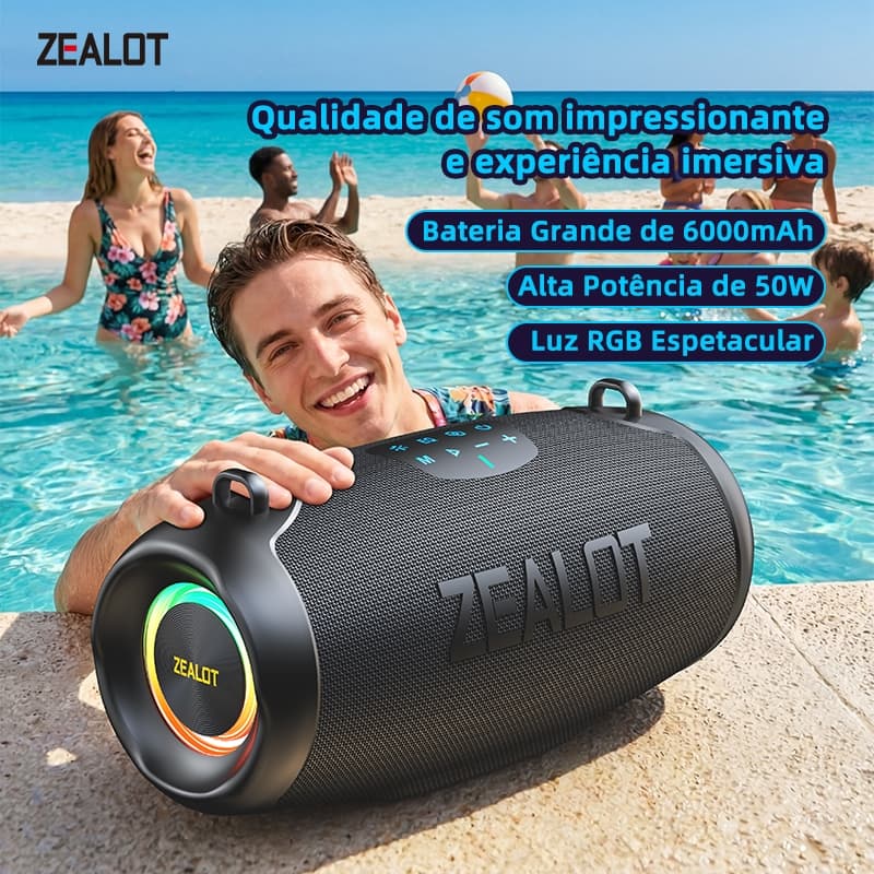 ZEALOT P15 Alto-Falante Portátil Bluetooth Caixa De Som Externa Sem Fio 50W RGB Light TWS Estéreo BT5.4 Grande 6000mAh B