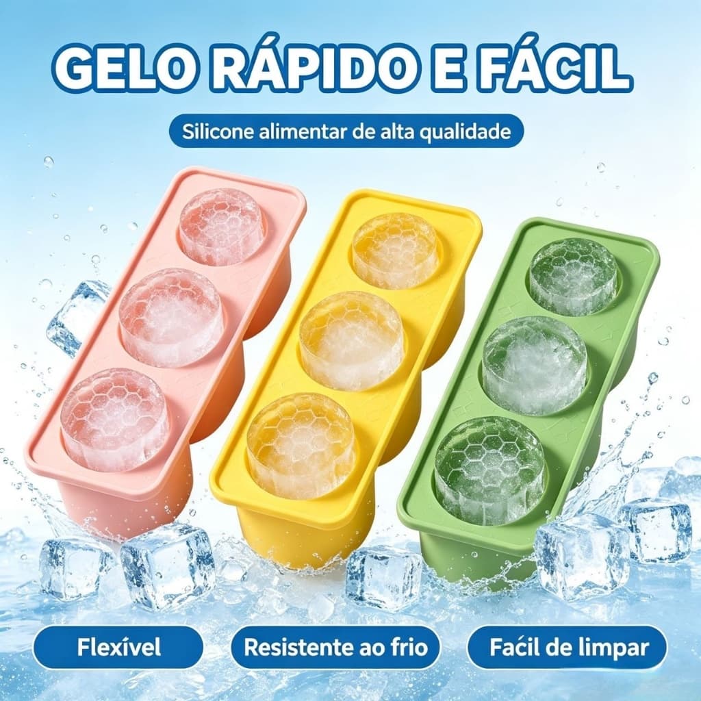Molde de Gelo Silicone Alimentar 3 Cavidades Desmontável Antiaderente Bebidas Cozinha