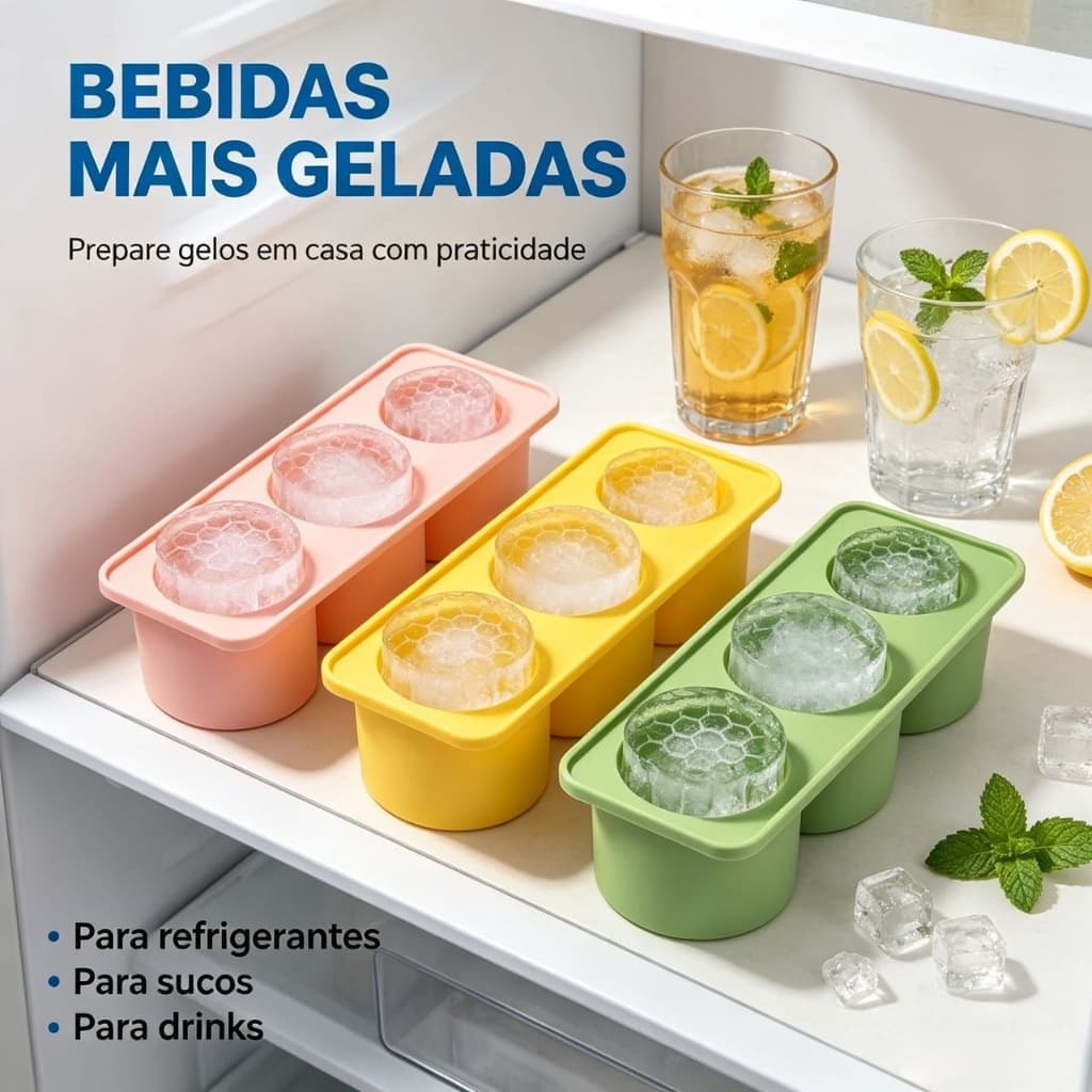 Molde de Gelo Silicone Alimentar 3Cavidades Redondo Flexível Antiaderente para Coquetéis Suco Whisky