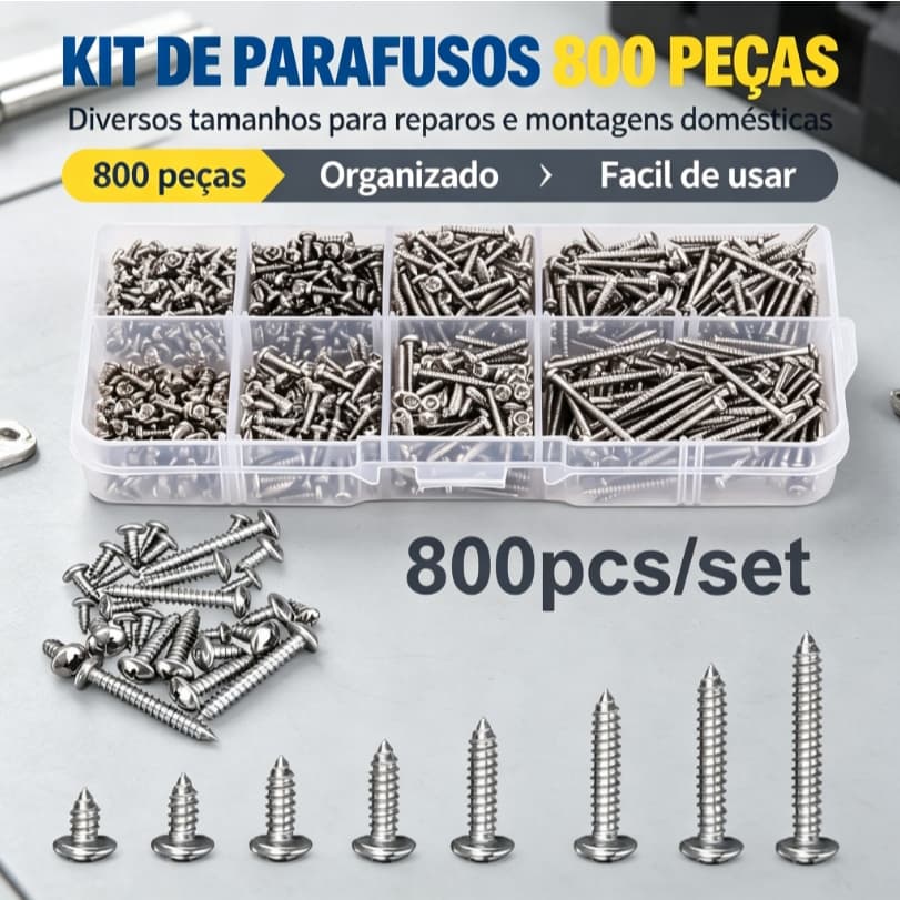 Kit 800 Peças Parafusos com Organizador Multiuso Porcas Arruelas Kit de Ferramentas para Reparos Casa Oficina