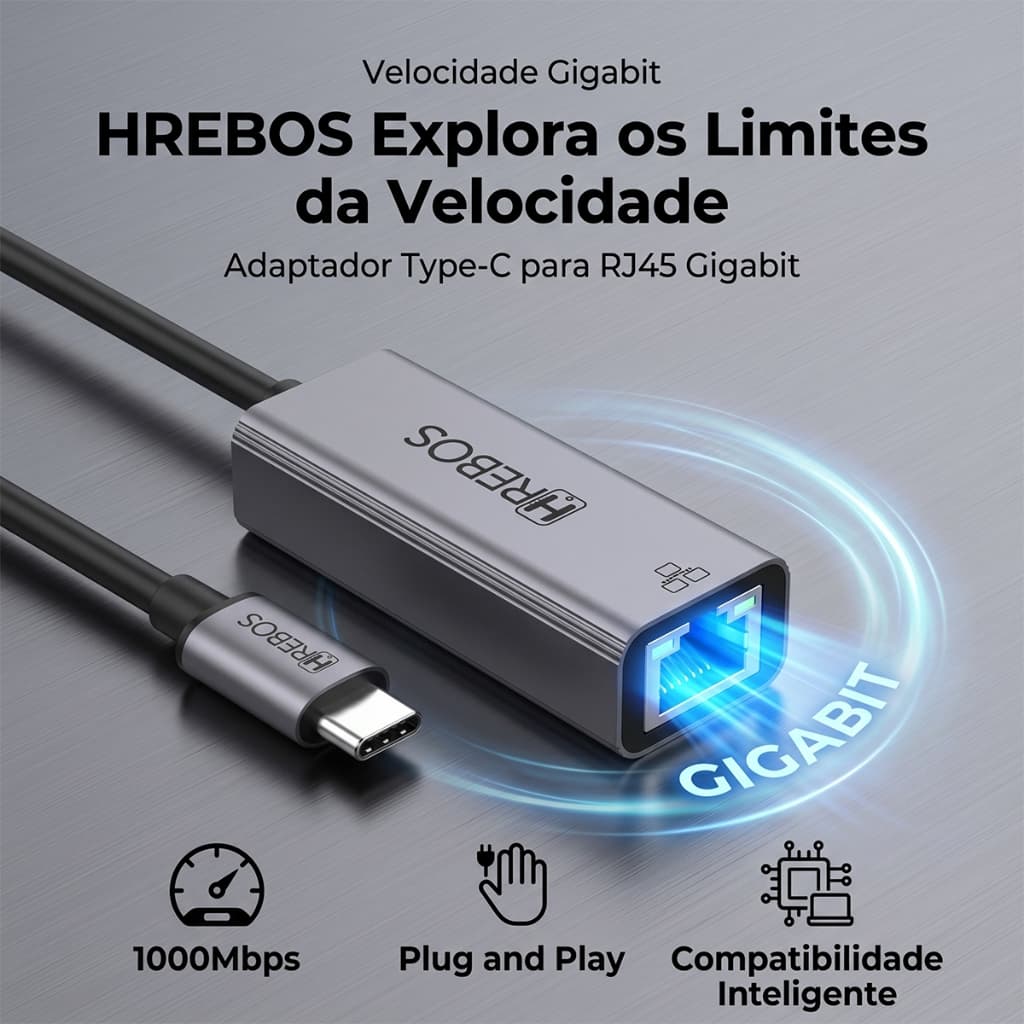 HREBOS x HEYOO Conversor de porta de rede tipo C para Gigabit 1.000 Mbps em liga de alumínio durável