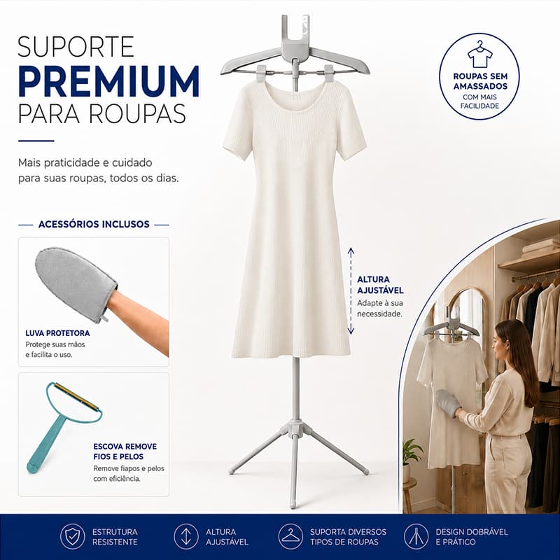 Suporte de Quatro Pés para Passadeira a Vapor – Cabide Dobrável, Ajustável e Resistente – Ideal para Casa e Lojas