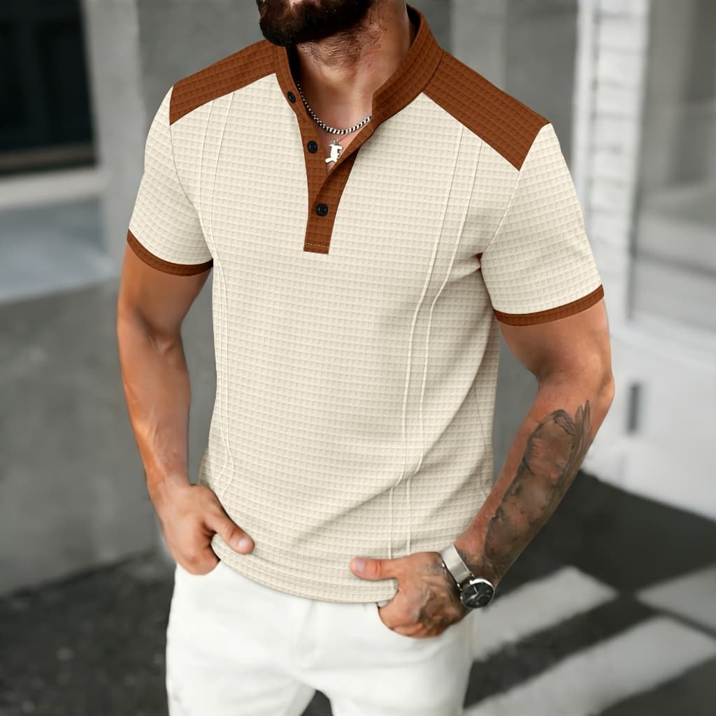Verão masculino Waffle manga curta botão gola alta contraste cor Casual All-Match camisa Polo