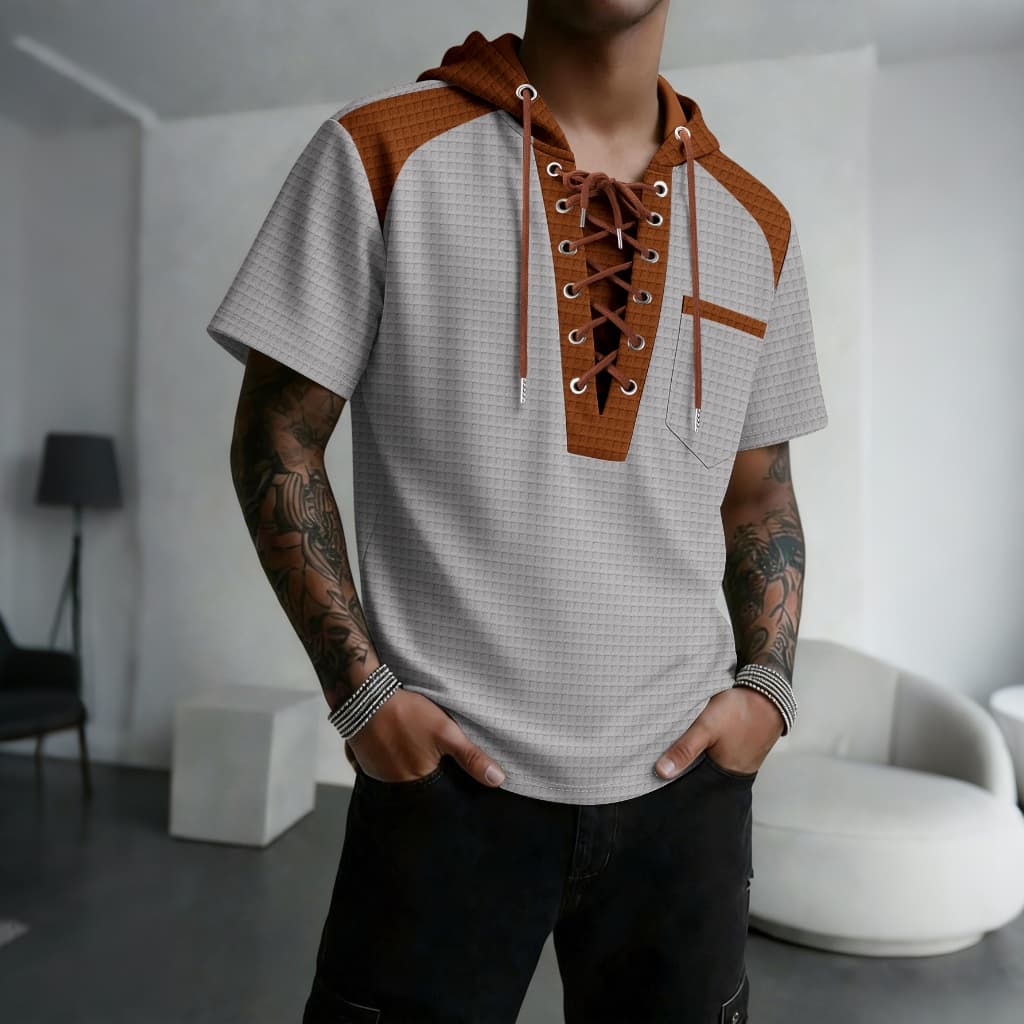 Textura de Waffle respirável com capuz de manga curta masculino cruz amarrado com decote em V bolso de costura contrasta