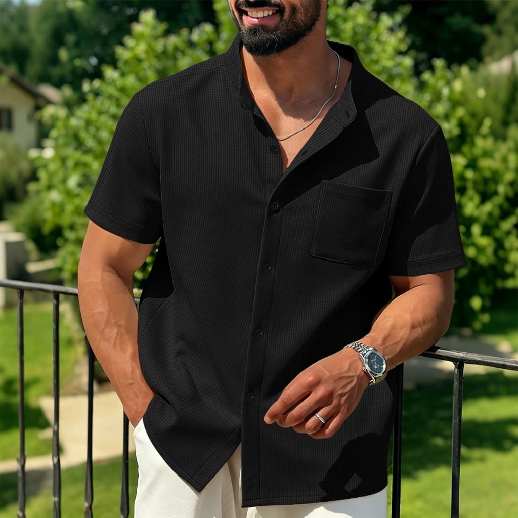 Minimalista luz luxo Waffle camisa de manga curta masculina cor sólida gola alta único bolso negócios Commuter Cardigan