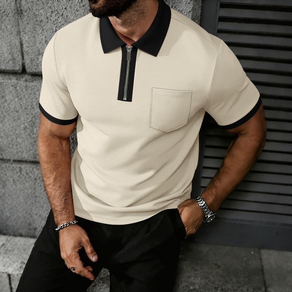 Camisa Polo masculina Waffle meio zíper lapela gola preta contraste cor bege bolso único verão Casual manga curta Top