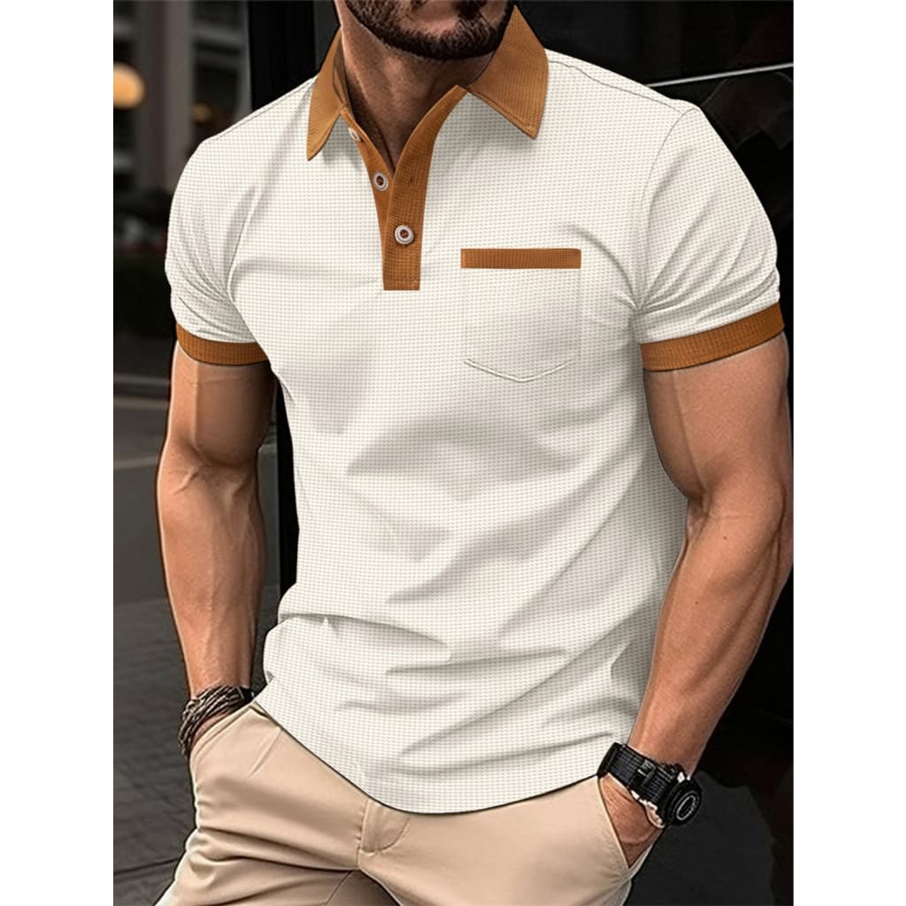Camisa Polo masculina Waffle contraste cor lapela gola marrom borda marrom costura com bolsos verão Casual Top de manga