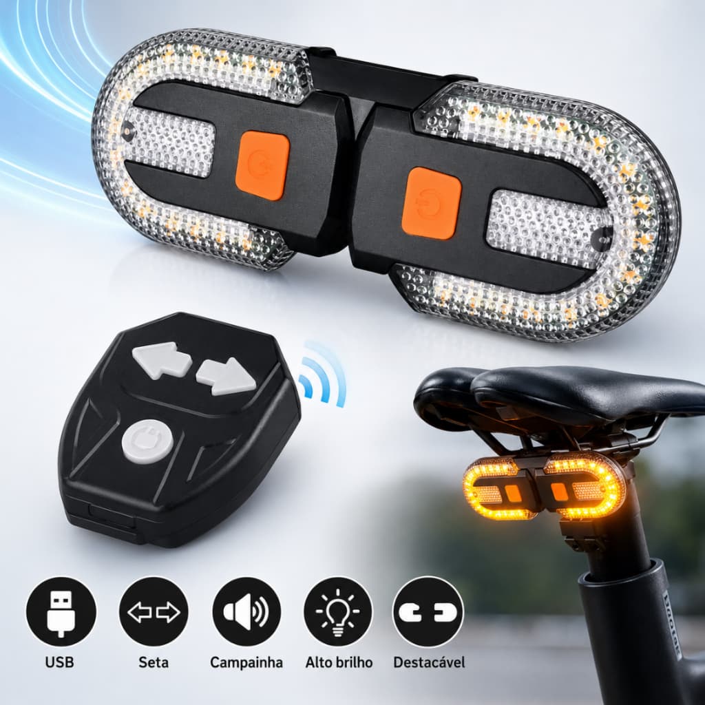 Lanterna Traseira Bike Eletrica com Seta Recarregável e Controle Sem fio USB 38 Leds
