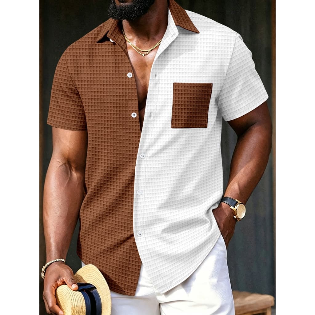 Masculino Waffle esquerda direita contraste cor camisa de manga curta marrom branco separação de cor Vertical lapela mes
