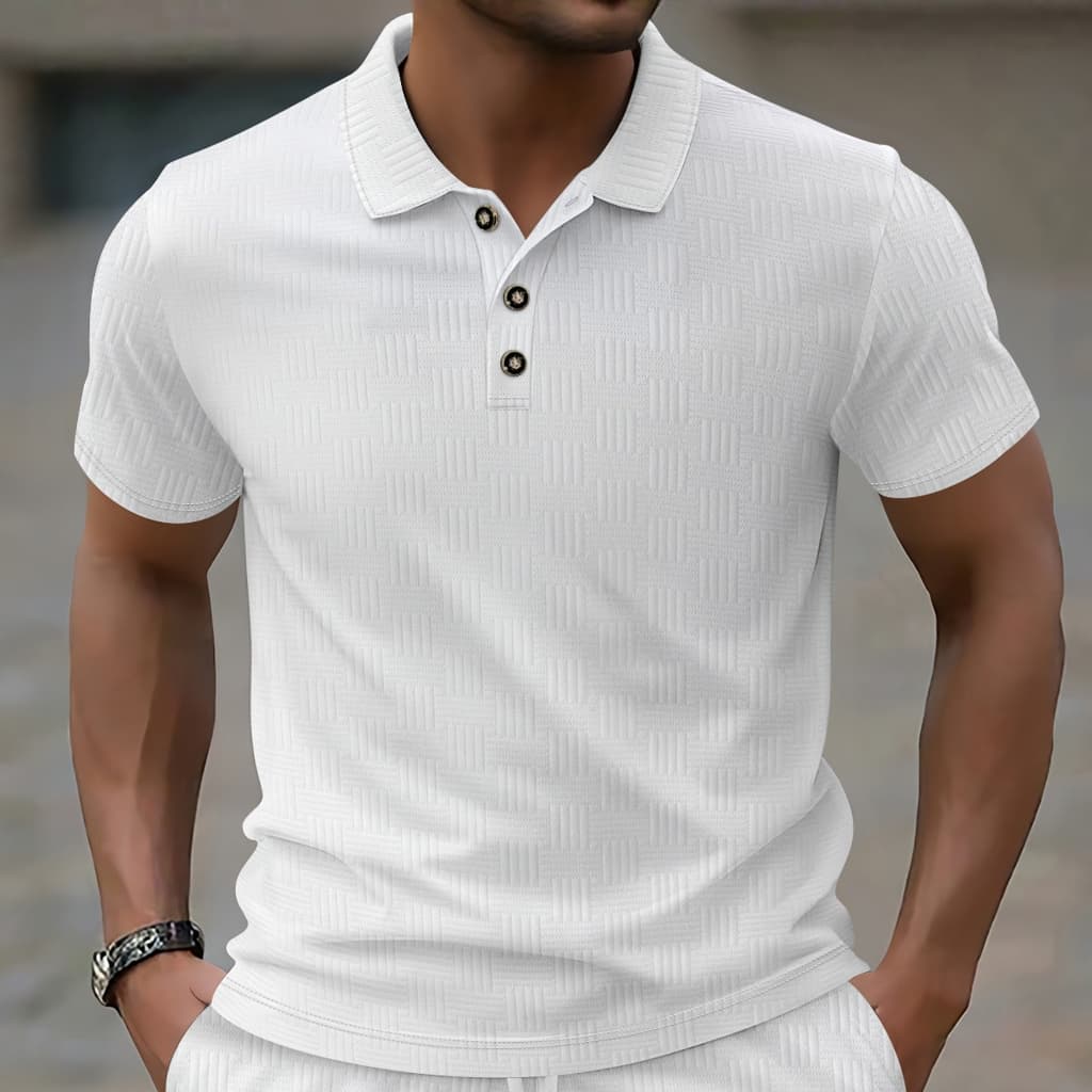Polo masculino de manga curta com textura em relevo Vertical, lapela de cor sólida, três botões, sem bolsos, conjunto de