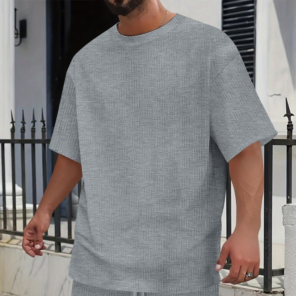 Camiseta masculina listrada Vertical tridimensional solta com gola redonda Dropped Shou