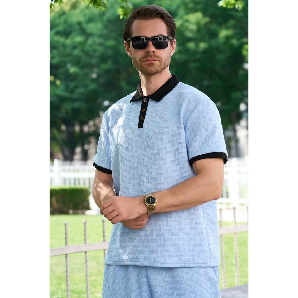 Cruz em relevo textura Polo masculino de manga curta contraste cor lapela três botões pode combinar com o mesmo padrão S