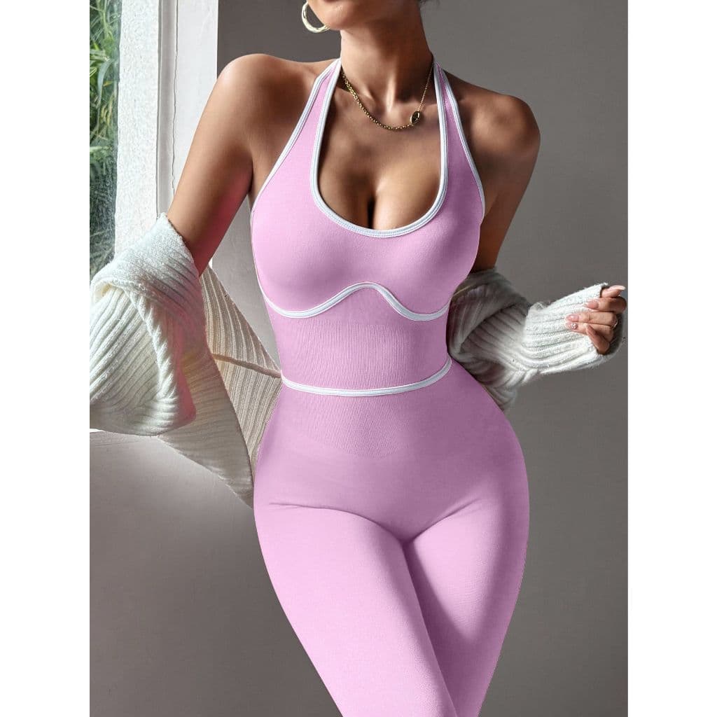 Contraste cor esportes Yoga wear macacão feminino exterior wear correndo fino-ajuste pêssego nádegas Fitness Jumpsu