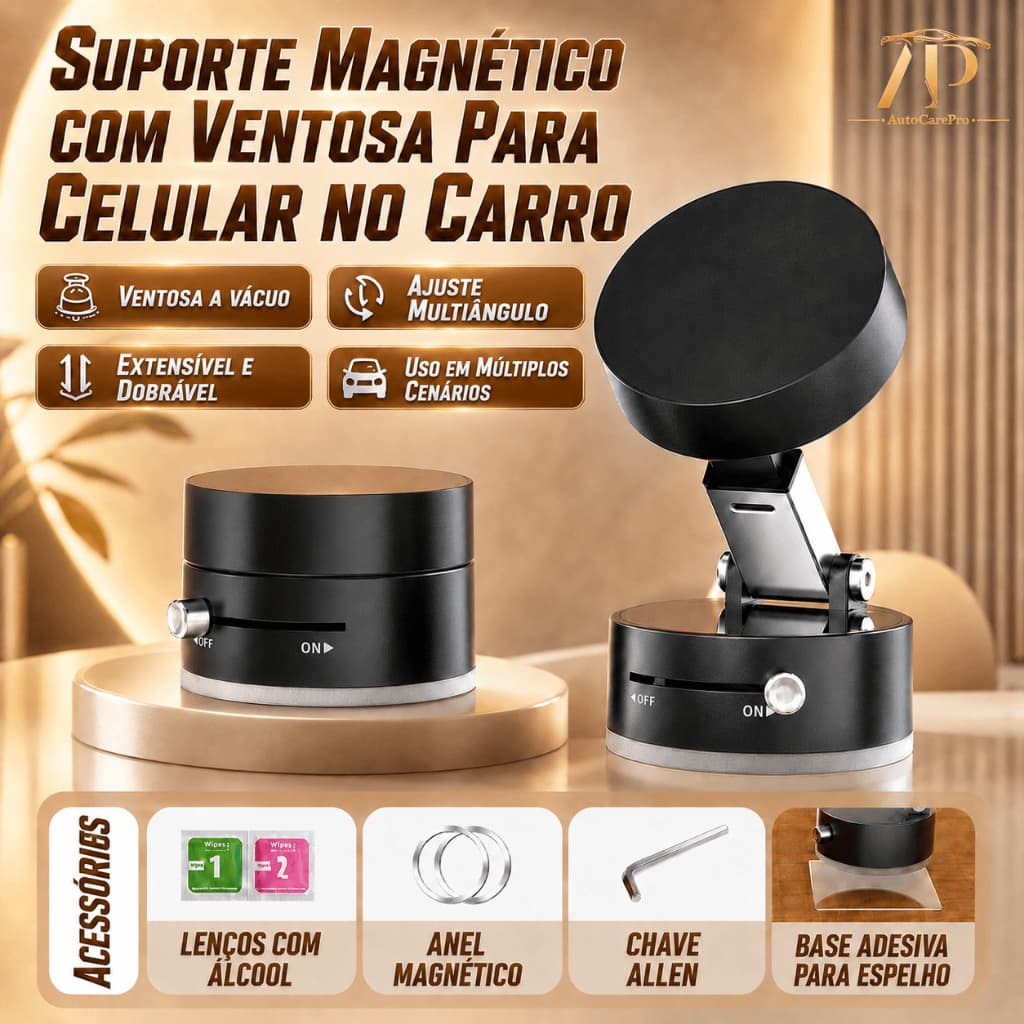 Suporte Magnético Veicular para Celular com Ventosa Dobrável Multiângulo para iPhone Android