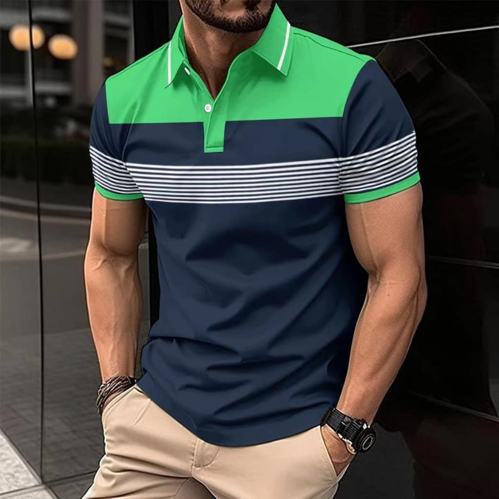 Listra Horizontal segmentada costura lapela solta Polo masculino de manga curta contraste cor colarinho punhos rua diári