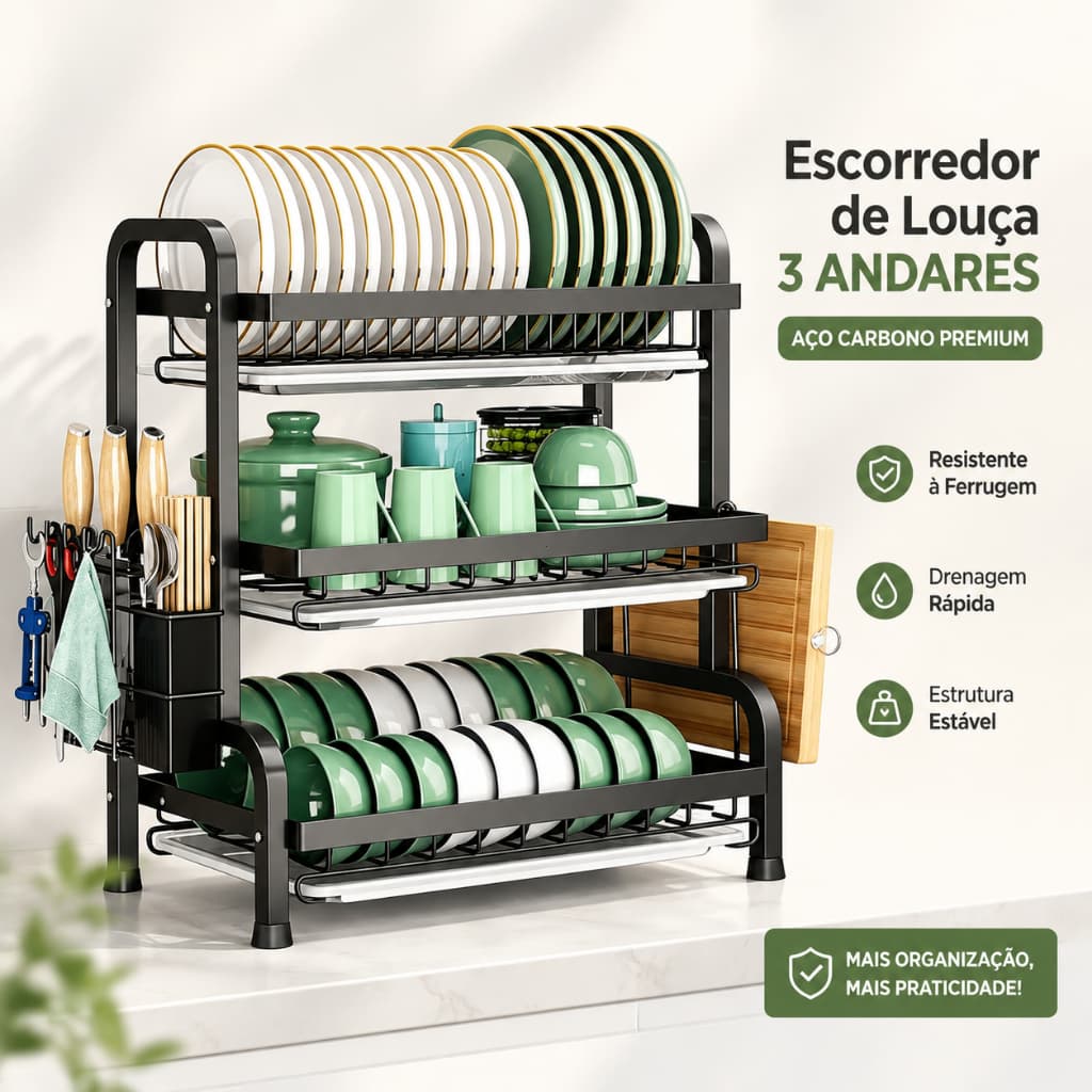 Three  Shelf  Black Stainless Steel Dish Drainer Organizer, Hanging Rack for Kitchen
