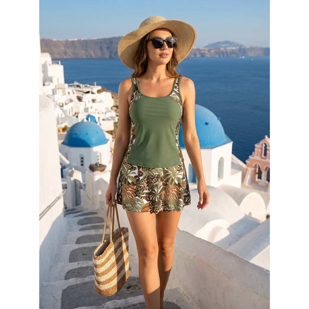 Maiô de duas peças de tamanho grande feminino estilo europeu americano costura impressa Tankini Floral Casual maiô colet