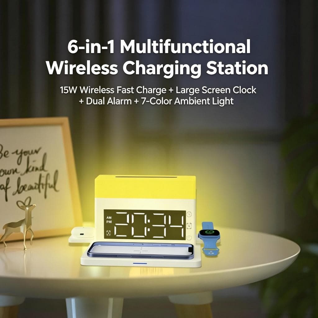 Carregador sem fio multifuncional de15W, adequado para fone de ouvido de relógio de celular carga rápida com luz noturna