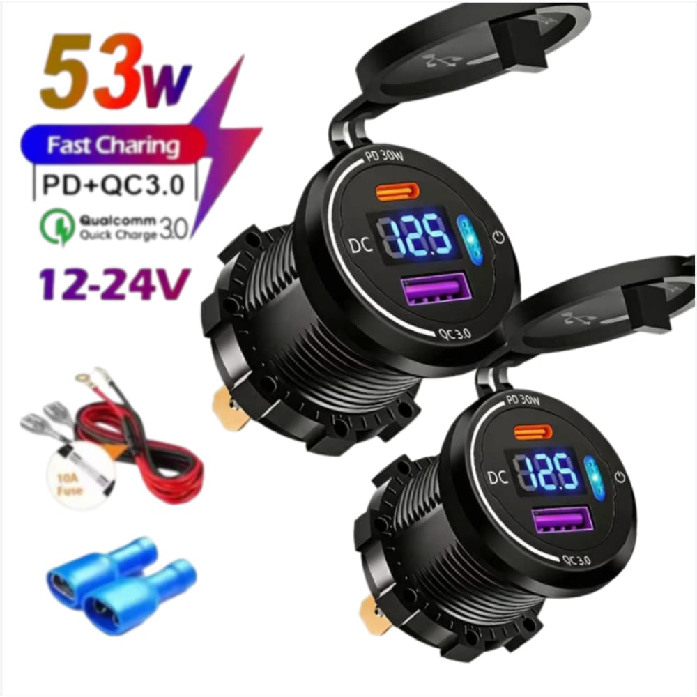 53W Novo Carregador De Carro 12V/24V Carregamento Rápido PD30W QC3.0 Porta À Prova D'água Com Voltímetro Interruptor Ind